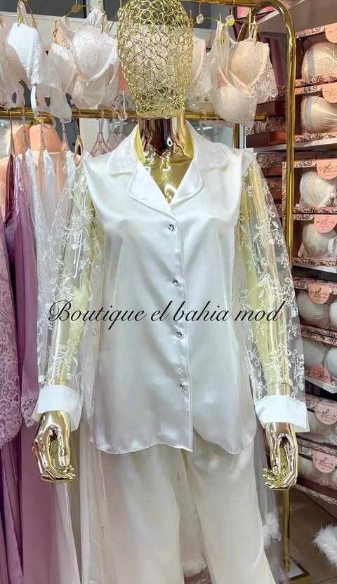 pyjama satin a manches dentelle Blanc